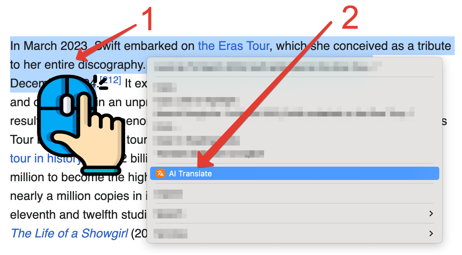 AI Translation Right-Click Menu - Select text and right-click to translate
